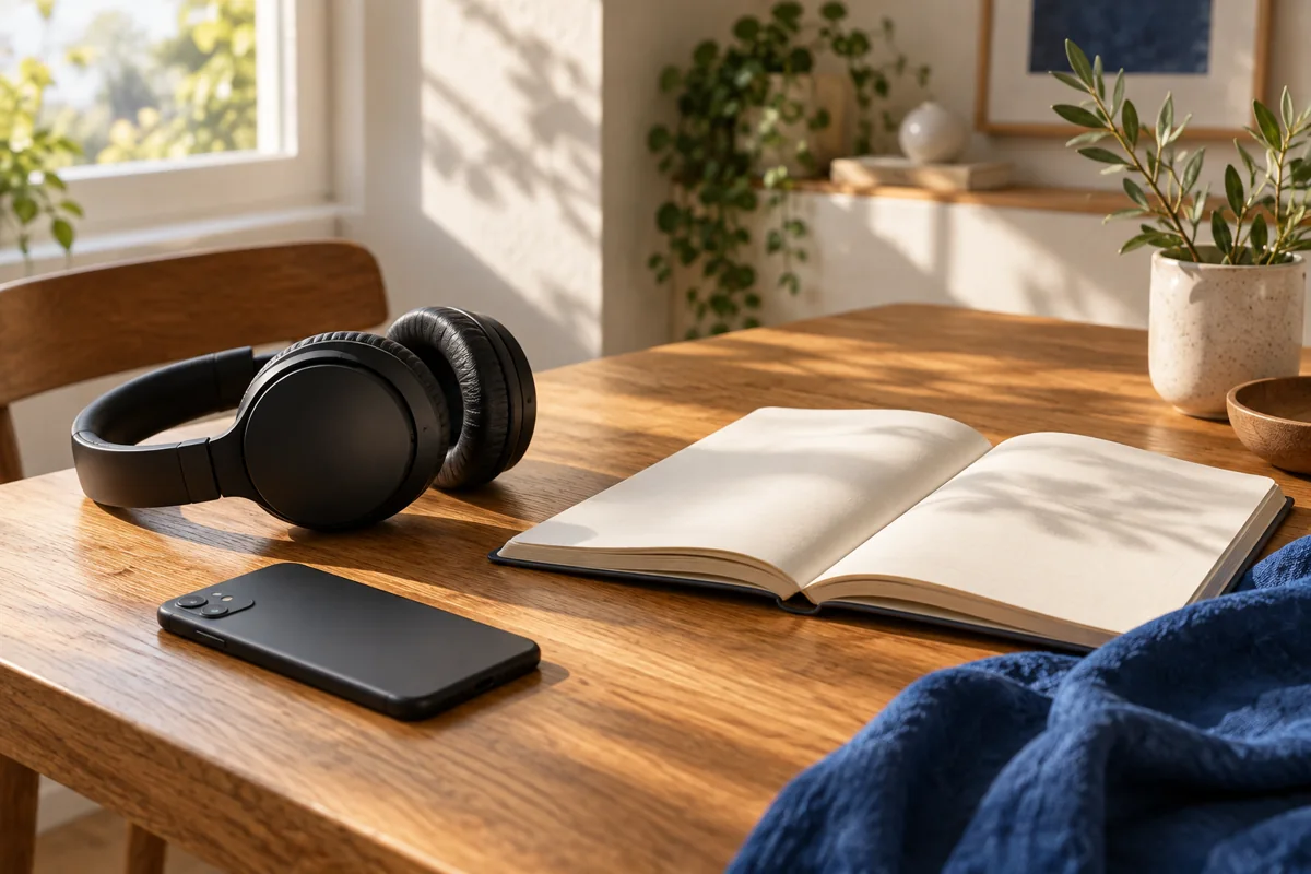 Headphones and an open book on a sunlit table