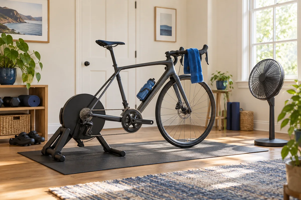 A road bike on an indoor trainer beside a bright window