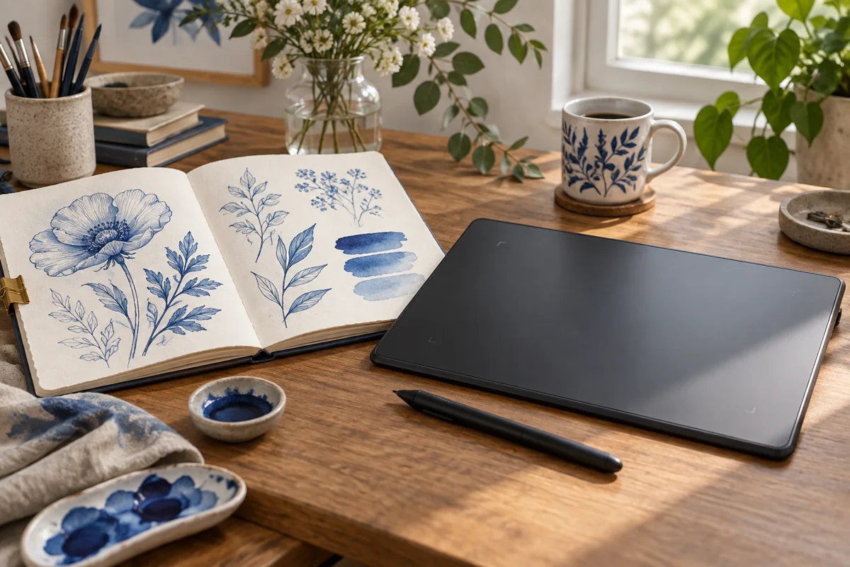 A drawing tablet, stylus, and colorful sketches on a wooden desk