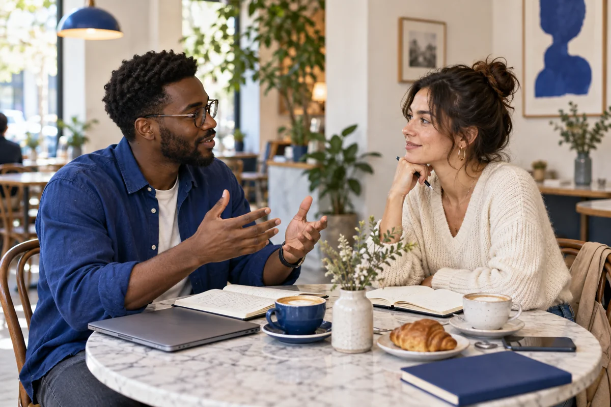 Two people talking across a cafe table with notebooks